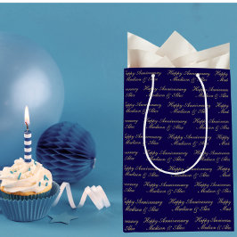 Bolsa De Regalo Mediana Script de Feliz Aniversario con Nombre Azul Oro