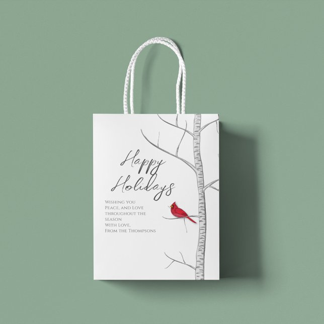 Bolsa De Regalo Mediana Sencillo árbol Birch, cardenal rojo de invierno de (Happy Holiday red carinal gift bag with customized gift message)