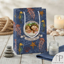 Bolsa De Regalo Mediana Serenata de Caballito de Mar Azul Marino con Foto 