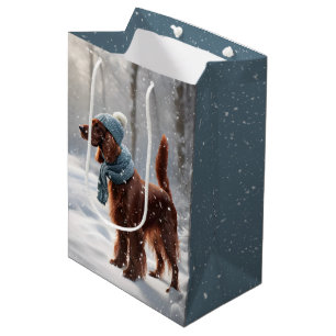 Bolsa De Regalo Mediana Setter Irlandés En Bosque Nevado