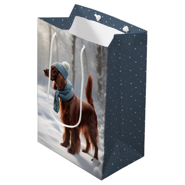 Bolsa De Regalo Mediana Setter Irlandés En Winter Woods (Angulo Anverso)