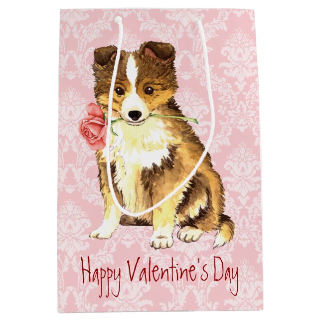 Bolsa De Regalo Mediana Sheltie subió tarjeta del día de San Valentín (Anverso)