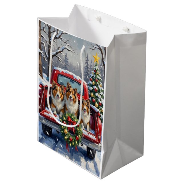 Bolsa De Regalo Mediana Shetland Sheepdog Christmas Red Truck Holiday (Angulo Anverso)