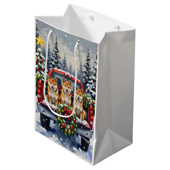 Bolsa De Regalo Mediana Shiba Inu Christmas Red Truck Holiday (Angulo Anverso)