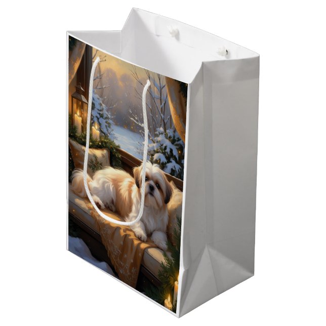 Bolsa De Regalo Mediana Shih Tzu con vacaciones de Navidades alumbrados (Angulo Anverso)