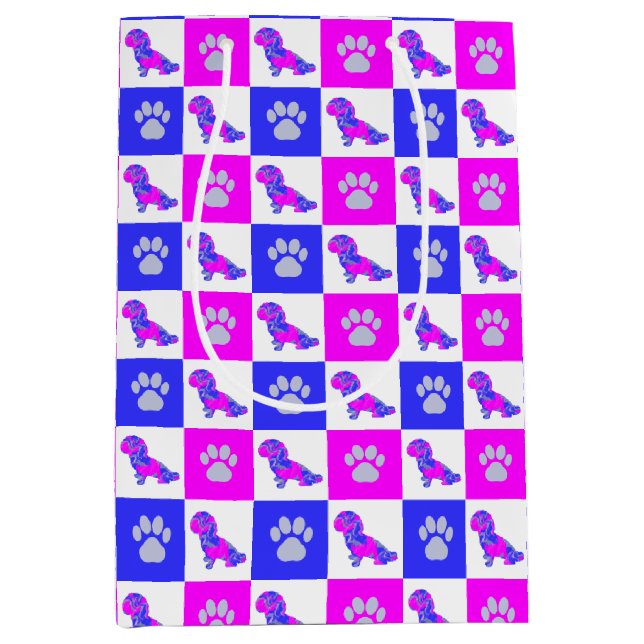Bolsa De Regalo Mediana Shihpoo Dog & Paw Print Crazy Pink Hot Pink & Blue (Anverso)