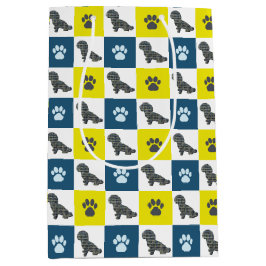 Bolsa De Regalo Mediana Shihpoo Dog & Paw Print Yellow Grid Silhouette