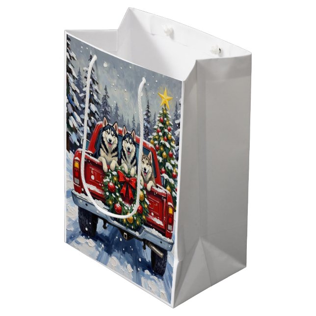 Bolsa De Regalo Mediana Siberian Husky Christmas Red Truck Holiday (Angulo Anverso)