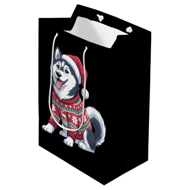 Bolsa De Regalo Mediana Siberian Husky Dog Ugly Sweater Santa Hat Xmas (Angulo Anverso)