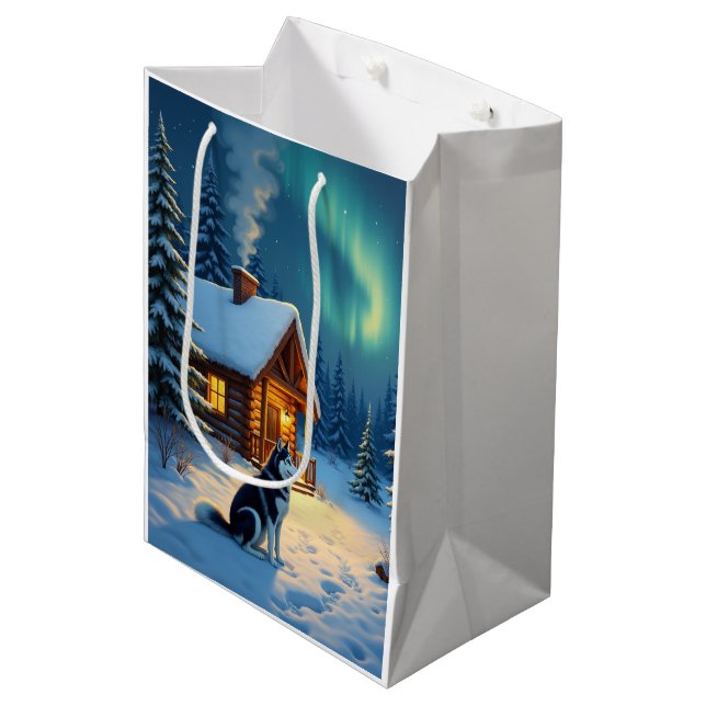 Bolsa De Regalo Mediana Siberian Husky Snowy Cabin Christmas Painting (Angulo Anverso)