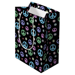 Bolsa De Regalo Mediana Signo de paz divertido y divertido, flores y coraz