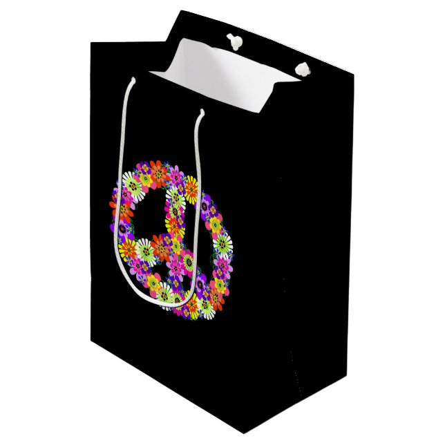 Bolsa De Regalo Mediana Signo de paz floral sobre negro (Angulo Anverso)