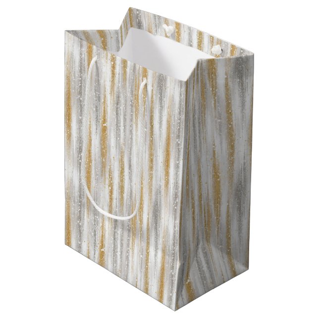 Bolsa De Regalo Mediana Silver Gold Glam Glitzy Stripes Christmas (Angulo Anverso)