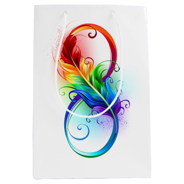 Bolsa De Regalo Mediana Símbolo infinito con plumas arcoiris (Anverso)