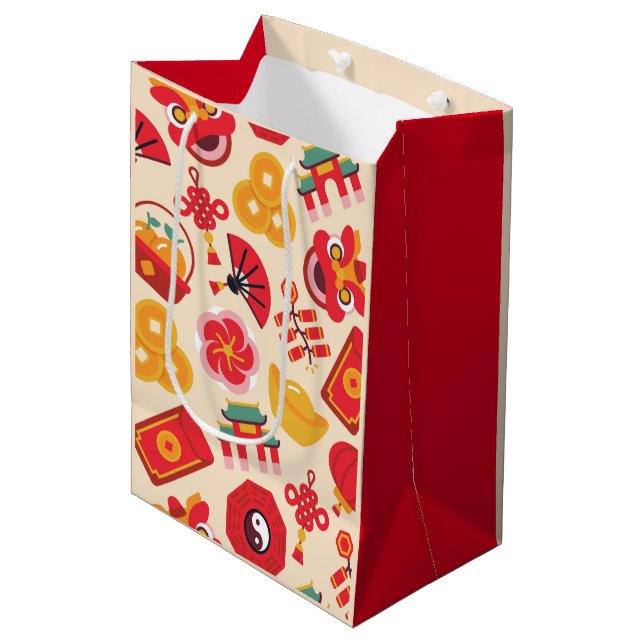 Bolsa De Regalo Mediana Símbolos festivos de Año Nuevo Chino Oro Rojo (Angulo Anverso)