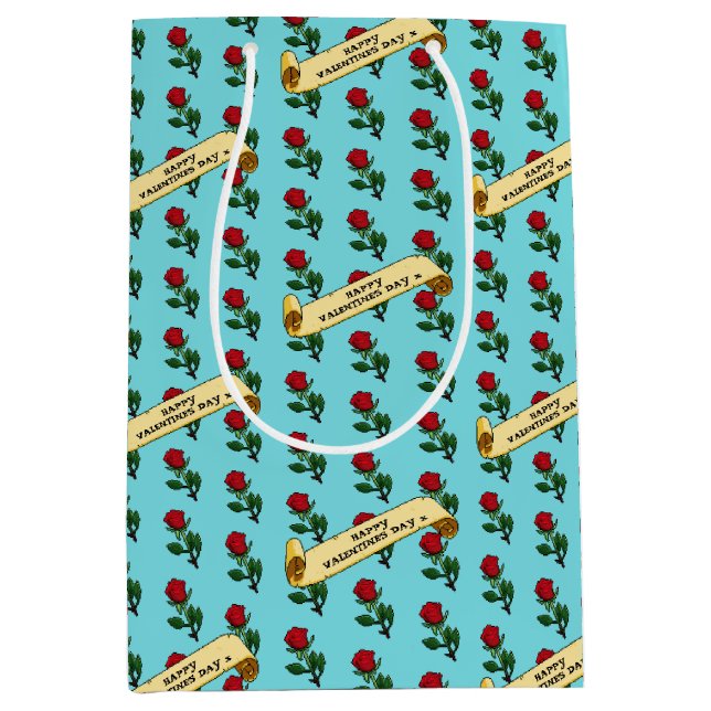 Bolsa De Regalo Mediana Single Red Rose Happy Valentine's Day 80s Retro (Anverso)