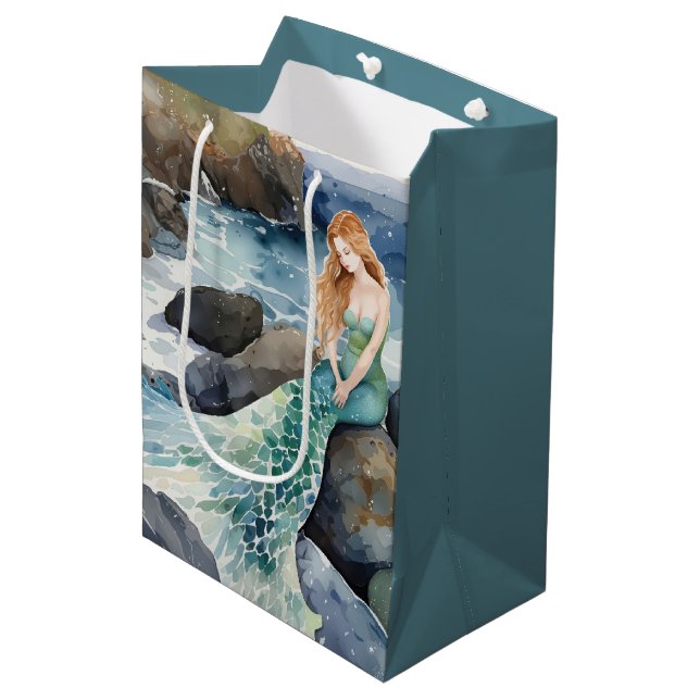 Bolsa De Regalo Mediana Sirena De Acuarela Sobre Rocas (Angulo Anverso)