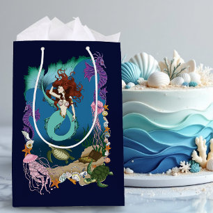 Bolsa De Regalo Mediana Sirena Mística Fantasía Oceánica Azul Vida Marina