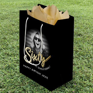 Bolsa De Regalo Mediana Sixty gold script and custom photo 60th birthday