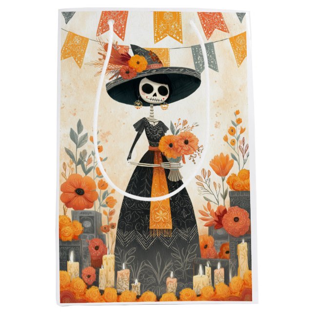 Bolsa De Regalo Mediana Skeleton Lady La Catrina Día de los Muertos (Anverso)