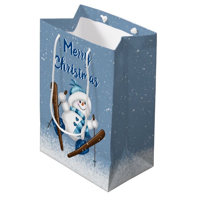 Bolsa De Regalo Mediana Snowman Esquiando En Copos De Nieve (Angulo Anverso)