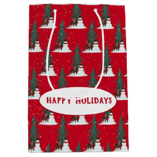 Bolsa De Regalo Mediana snowman y ciervos en copos de nieve en rojo