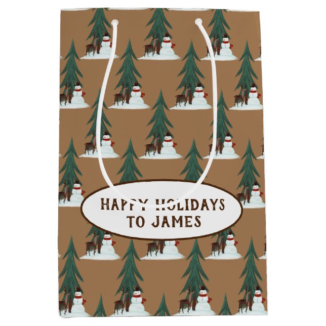 Bolsa De Regalo Mediana snowman y ciervos en la nieve (Anverso)