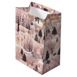 Bolsa De Regalo Mediana Snowy Pink Deer Forest