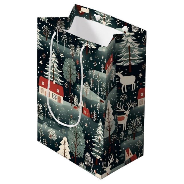 Bolsa De Regalo Mediana Snowy Winter Farmhouse  (Angulo Anverso)