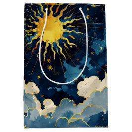 Bolsa De Regalo Mediana Sol Celeste Moderno, Estrellas y Nubes Azules
