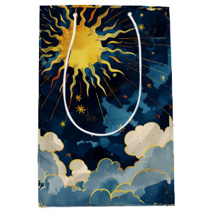 Bolsa De Regalo Mediana Sol Celeste Moderno, Estrellas y Nubes Azules