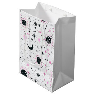 Bolsa De Regalo Mediana Sol Luna Estrellas Celestiales Negras y Rosadas