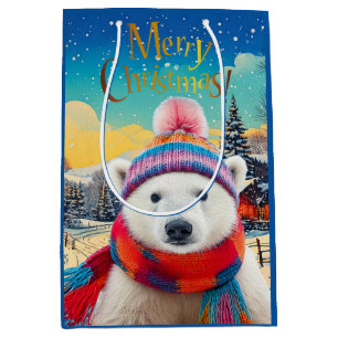 Bolsa De Regalo Mediana Sombrero de oso polar y bufanda Feliz Navidad