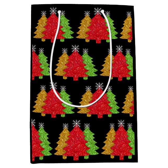 Bolsa De Regalo Mediana Sparkling rojo dorado verde árbol de Navidad copo  (Anverso)