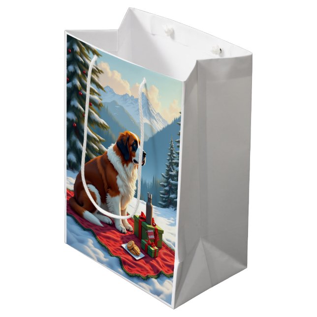 Bolsa De Regalo Mediana St. Bernard Winter Picnic Christmas Painting (Angulo Anverso)