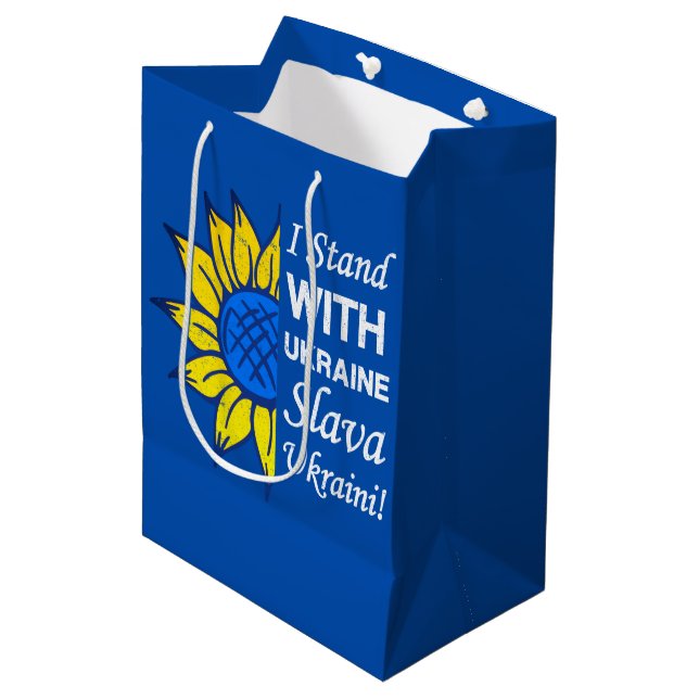 Bolsa De Regalo Mediana Stand With Ukraine, Ukrainian Flag Sunflower (Angulo Anverso)