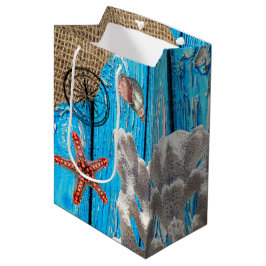 Bolsa De Regalo Mediana Starfish Rústico Nautical Blue Wood