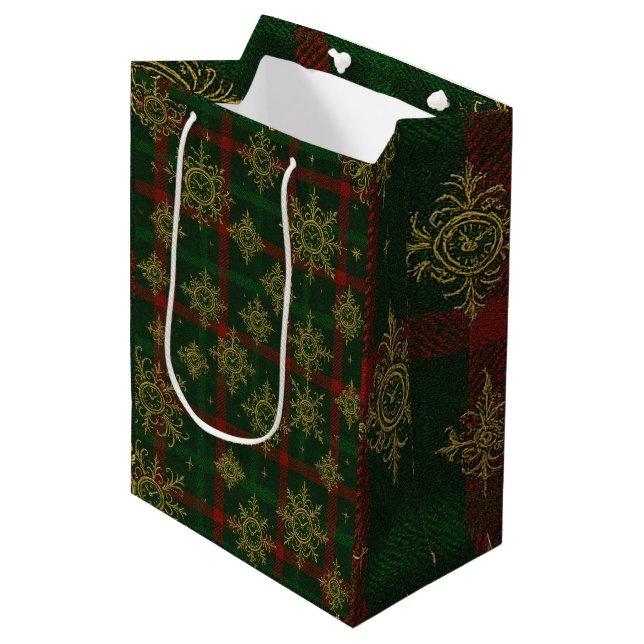 Bolsa De Regalo Mediana Steampunk Snowflake Tartán rojo y verde (Angulo Anverso)
