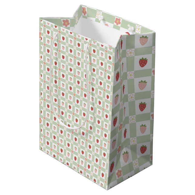 Bolsa De Regalo Mediana Strawberry Gingham Pastel Green 1st Birthday (Angulo reverso)