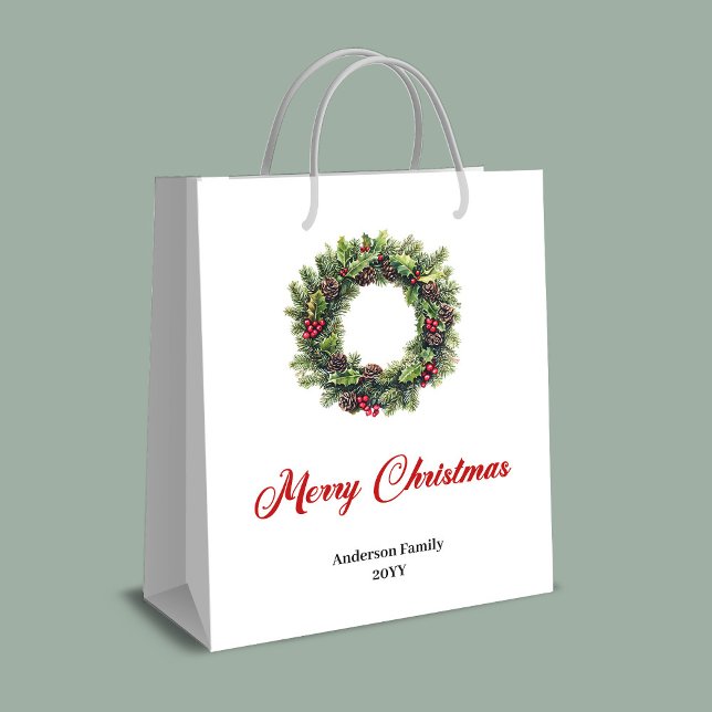 Bolsa De Regalo Mediana Stylish red black tartan Christmas gift bag name (Elegant Christmas wreath gift bag custom name)