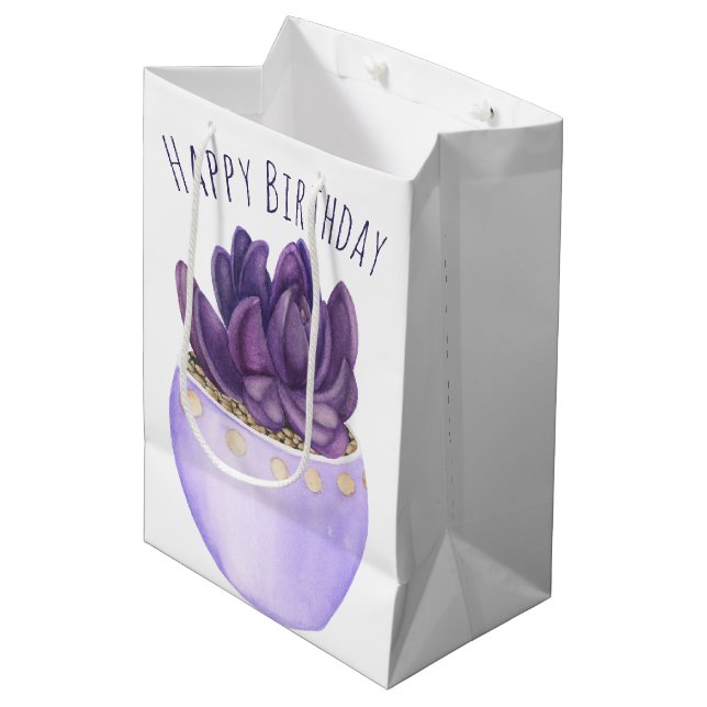 Bolsa De Regalo Mediana Suculenta en maceta púrpura de cumpleaños (Angulo Anverso)