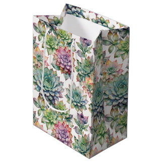 Bolsa De Regalo Mediana Suculentas Vibrantes Acuarela Rosa Rosado y Verde