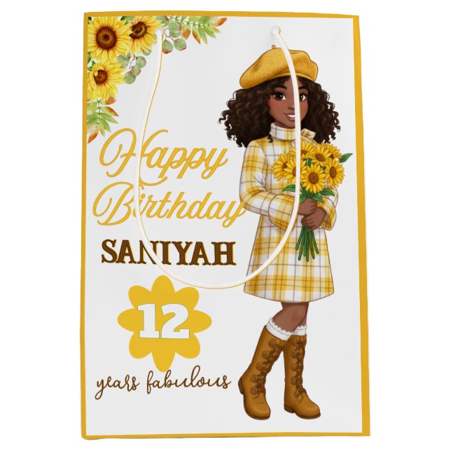 Bolsa De Regalo Mediana Sunflower Fashion Girl Yellow Plaid Birthday (Anverso)