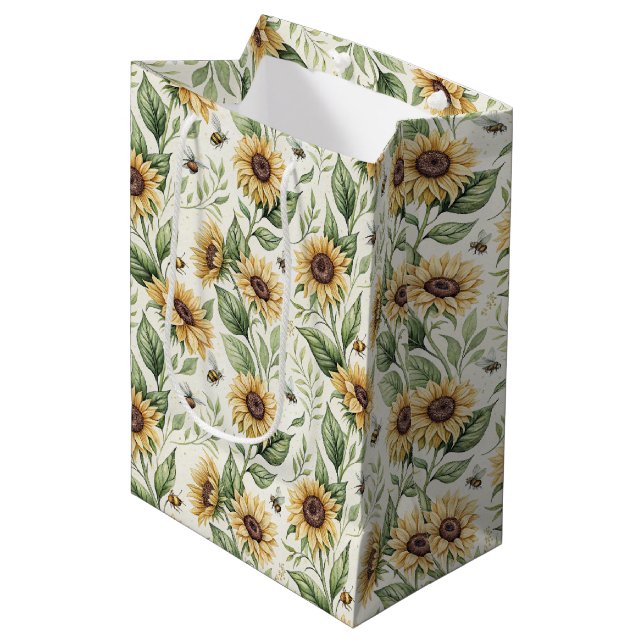 Bolsa De Regalo Mediana Sunflowers and Bumble Bees Floral (Angulo Anverso)