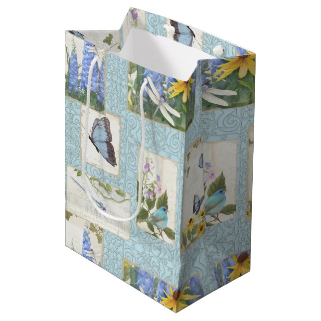 Bolsa De Regalo Mediana Sunflowers Blue Flowers Dragonfly Butterfly Garden (Angulo Anverso)