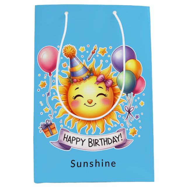 Bolsa De Regalo Mediana Sunshine Custom Name Happy Birday Blue (Anverso)