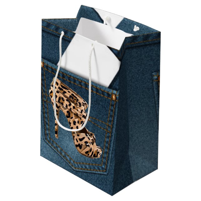Bolsa De Regalo Mediana Tacón alto y bolsillo azul Jean del leopardo del (Angulo reverso)