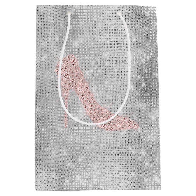 Bolsa De Regalo Mediana Tacones Diamante Rosa Plateado Glitzy Fiesta de De (Anverso)