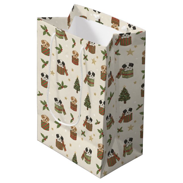 Bolsa De Regalo Mediana Tan and Black & White Puppies Christmas Pattern (Angulo Anverso)