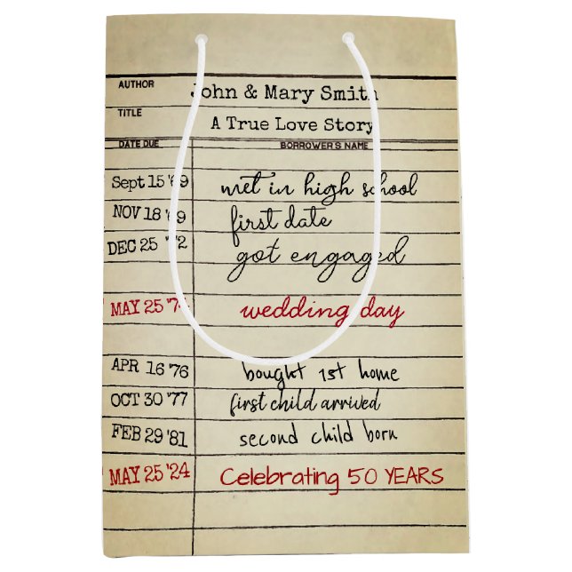 Bolsa De Regalo Mediana Tarjeta de biblioteca Retro 50 años (Anverso)